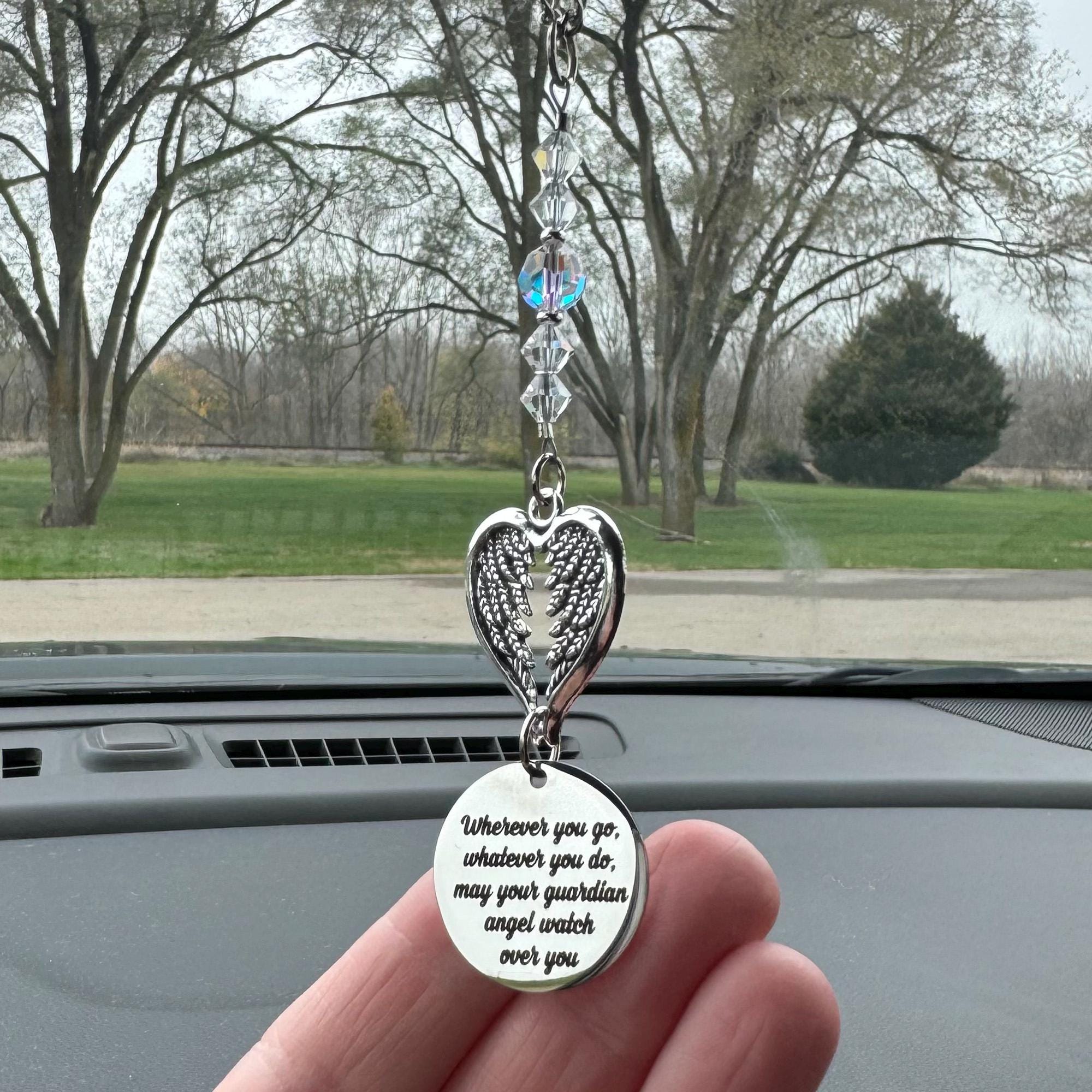 Guardian Angel Car Charm: Crystal Beads, Engraved Pendant, Rearview Mirror Suncatcher