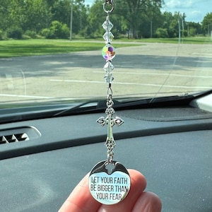 Religious Cross Car Charm: Crystal Beads, &quot;Let Your Faith Be Bigger Than Your Fear&quot;, Inspirational Faith Gift