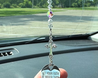 Religious Cross Car Charm: Crystal Beads, "Let Your Faith Be Bigger Than Your Fear", Inspirational Faith Christmas Gift For Her