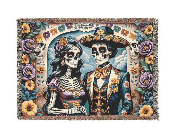 Day of the Dead Woven Blanket - Cozy Decorative Throw for Halloween, Dia de los Muertos, Home Decor, Gift Idea, Vintage Style