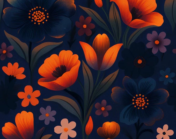 Moody Midnight Wildflower Pattern – Burnt Orange, Navy Floral, 3600x3600 Seamless PNG & SVG for Cricut, POD, Wallpaper and More! Unisex