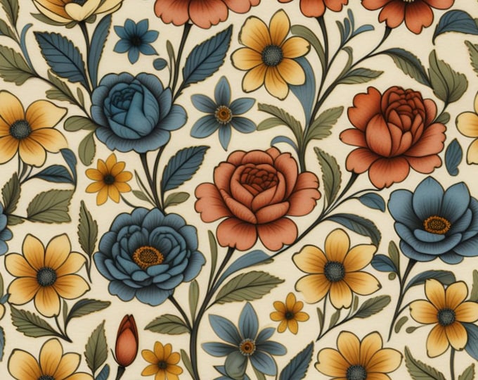 Vintage Tattoo Floral Pattern – Red, Blue & Yellow Seamless Flowers on Cream | 3600x3600 PNG + SVG | Digital Paper for Cricut and POD