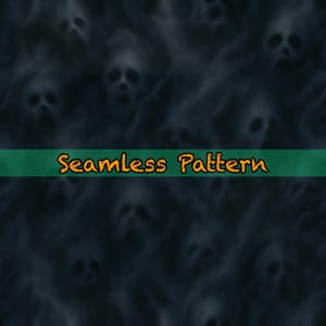 Puede incluir: Patrón oscuro y sin costuras con rostros fantasmales que emergen de un fondo sombrío y ahumado. El texto "Seamless Pattern" se muestra en letras naranjas sobre una pancarta verde. El tema general es espeluznante y relacionado con Halloween.