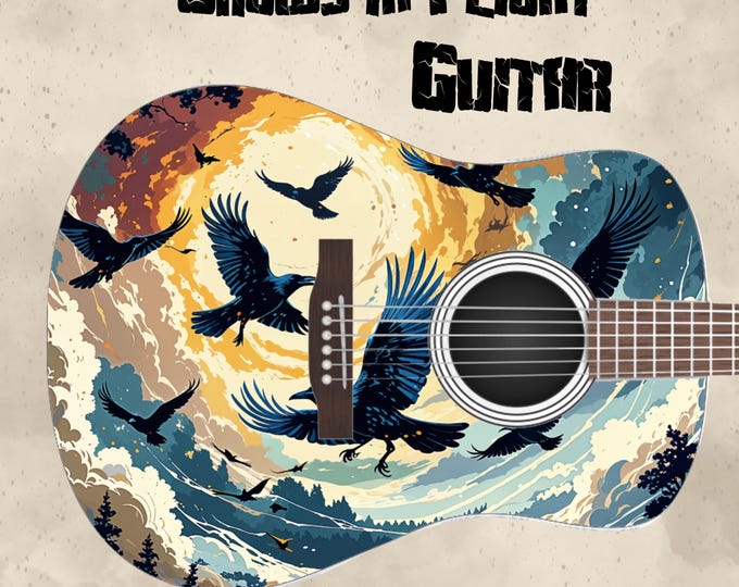 Crows in Flight Acoustic Guitar – Raven Storm Design – Handmade Functional Art Guitar or Display Piece