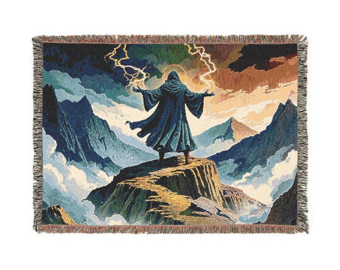 Majestic Mage on the Mountain Top Woven Blanket, Cozy Throw, Home Decor, Gift for Fantasy Lovers, Perfect for Relaxing, Wall Art