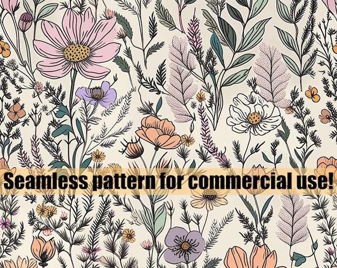 Wildflower Garden Floral Digital Pattern for Crafting and Design Projects, POD, Fabrics, Wallpaper, Hand-drawn style, Boho, PNG Download