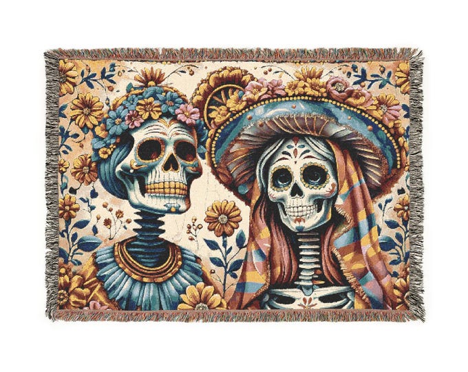 Day of the Dead Woven Blanket - Cozy Skeletons Throw, Halloween Decor, Unique Housewarming Gift, Festive Sofa Cover, Colorful Tapestry