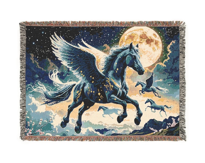 Majestic Pegasus Woven Blanket, Cozy Throw, Fantasy Decor, Ideal Gift for Horse Lovers, Boho Home Accent, Celestial Wall Art