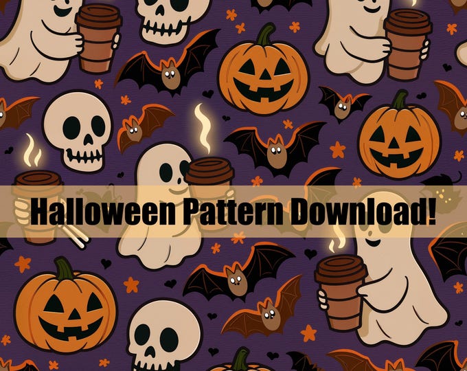 PNG Download Seamless Cute Halloween Pattern with Ghosts Drinking Pumpkin Spice Coffee, Skeletons, Bats With Purple Starry Background