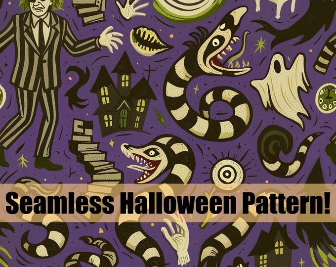Gothic Circus Dreamscape Seamless Pattern – Haunted Vintage Aesthetic with Snakes, Staircases, Ghosts, and Striped Characters