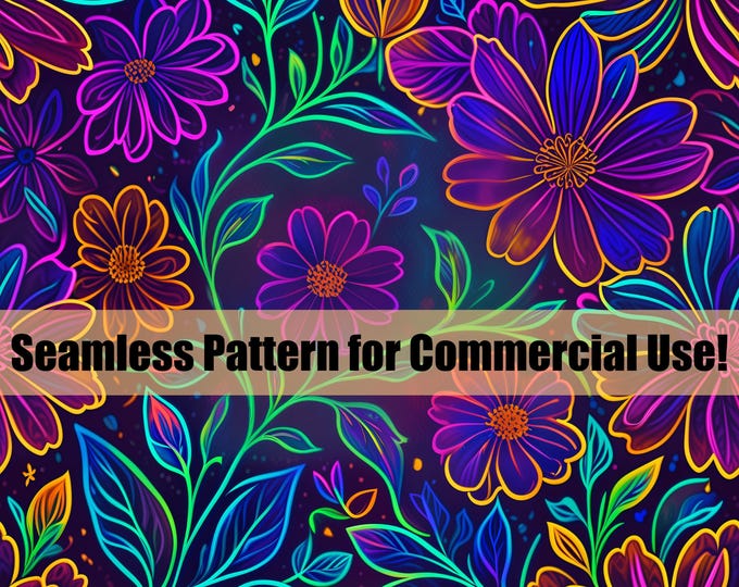 Vibrant Neon Floral Light Paint Style Digital Pattern Tile PNG Download, Seamless for POD, Fabrics, Wallpaper, Crafts, Clothing & More