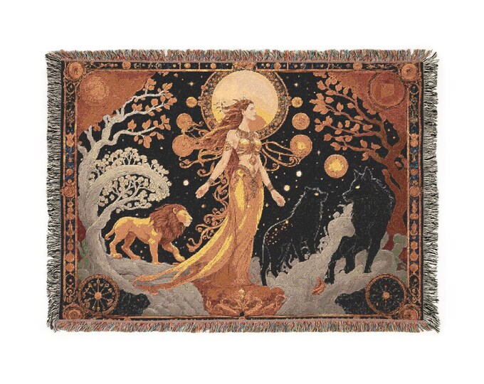 Mystical Lady Woven Blanket, Boho Home Decor, Celestial Tapestry, Cozy Throw for Home, Astrology Blanket, Gift for Witchcraft