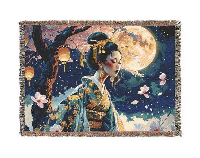 Beautiful Geisha Japanese Moonlit Woven Blanket, Cozy Home Decor, Bohemian Throw, Gift for Her, Nature Lovers, Soft Blanket