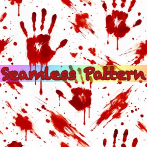 May include: A seamless pattern featuring red handprints and blood splatters on a white background. The text "Seamless Pattern" is displayed across the image in a rainbow gradient.
