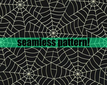 May include: A seamless pattern featuring a repeating design of spiderwebs in a cream color against a black background. The words "seamless pattern!" are displayed in green text across the image.