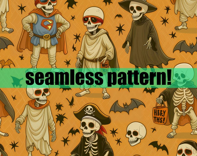Funny, Cute Skeleton Kids Trick or Treat Halloween Seamless Pattern Tile for POD, Party Crafts, Gift Wrap & More