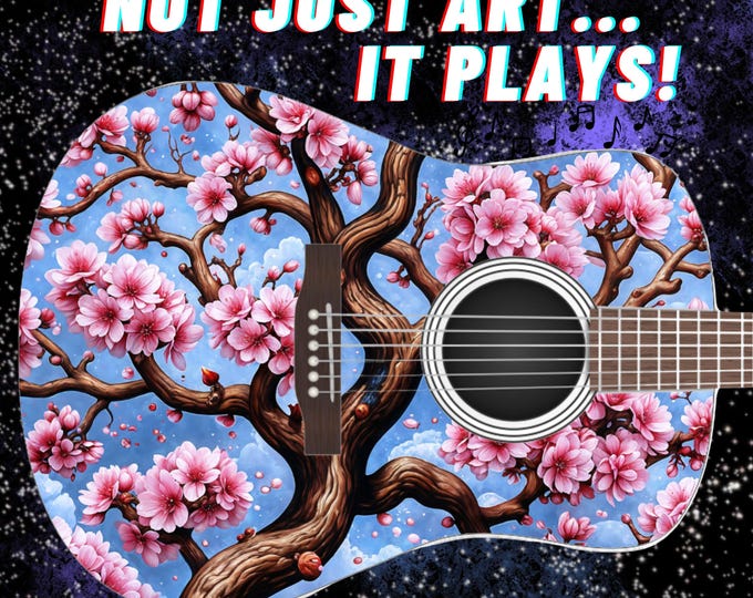 Cherry Blossom Acoustic Guitar – Playable Art Featuring a Blooming Floral Design on Sky Blue