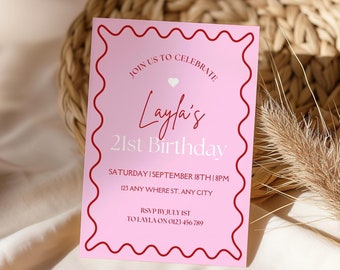 Pink Birthday Invitation, 21st Birthday Invitation, Wavy Birthday Invite, Editable Digital Invite, Printable 21st Invitation, Pink and Red