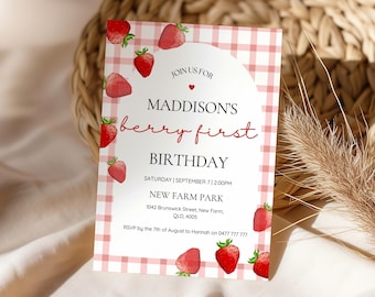 Berry First Birthday Invitation Template, Berry First Birthday Invitation, Pink Gingham Birthday Invite, Strawberry 1st Birthday Invitation