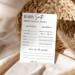 Minimalistische kaart babyadvies en voorspellingen, spel babyvoorspelling, babyshowerspelletjes, babyvoorspelling en -advies, aanpasbare sjabloon