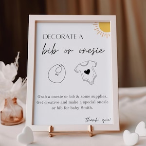 Dekorieren Sie ein Lätzchen oder Strampelanzug, minimalistisches Babypartyspiel, Babypartyaktivität, bearbeitbare Vorlage, druckbarer Download, Dekorationsstation