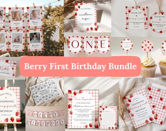 Berry First Birthday Bundle, Strawberry Birthday Bundle, Berry First Birthday Templates, Berry First Birthday Decor, Invitation Bundle