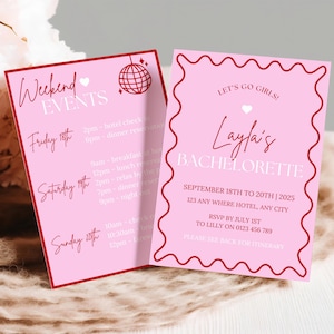 Bachelorette Weekend Invitation Template, Hens Party Invitation Template, Bachelorette Invite and Itinerary, Pink Red Printable Hens Invite