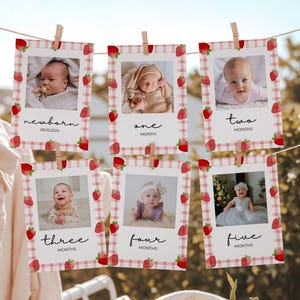 Bannière premier anniversaire baies, carte jalons avec photos, nouveau-né - 12 mois, décoration 1er anniversaire fille fraise, baie baie d'abord modifiable