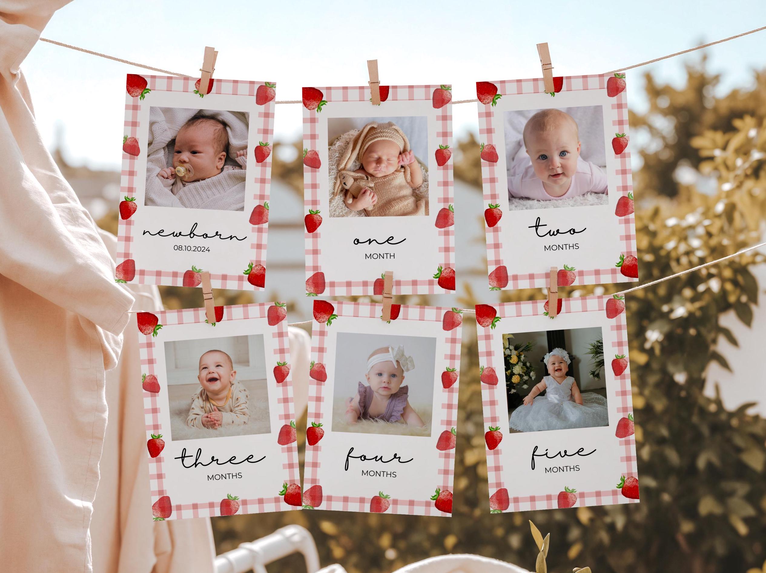 Berry First Birthday Banner, Milestones Card with Photos, Newborn - 12 Months, Strawberry 1st Birthday Girl Decor, Editable Berry First