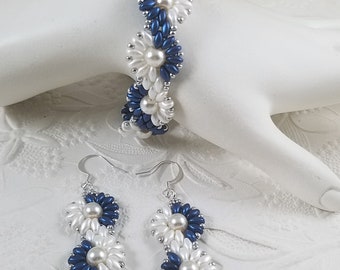 Woven Bracelet and Earrings Set Twist Design in Blue and White Gifts for Her