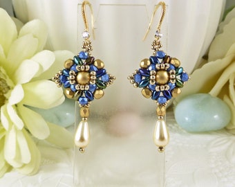 Woven Dangle Earrings in Navy Blue, Pearl Drop