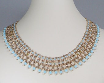 Woven Collar Necklace in Turquoise Blue and Gold