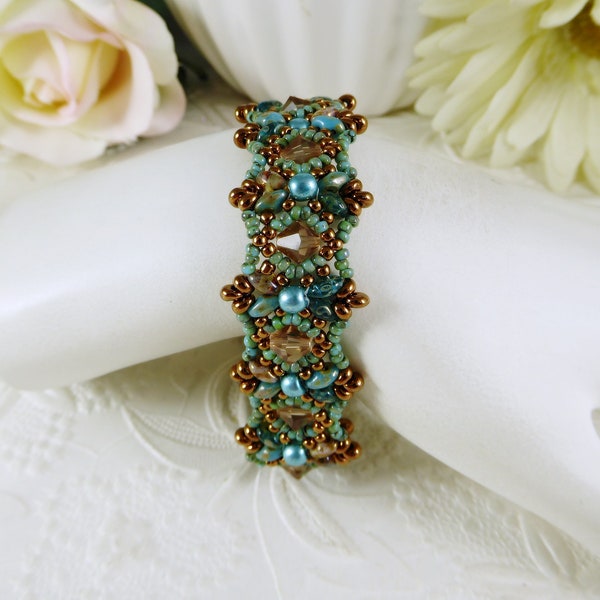 Woven Bracelet in Swarovski Turquoise and Bronze Gifts for Her