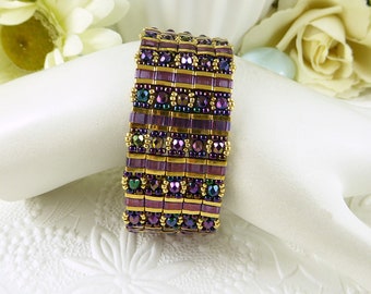 Woven Half Tila Bracelet Purple and Golden, Gem Colors