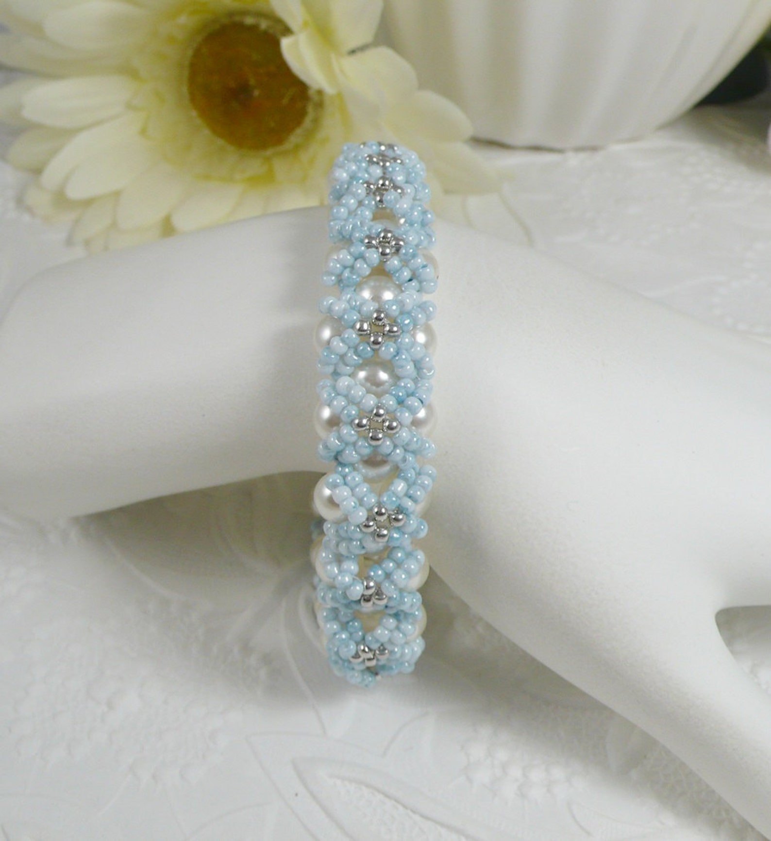 Woven Pearl Bracelet Embellished Light Blue Seed Beads Etsy
