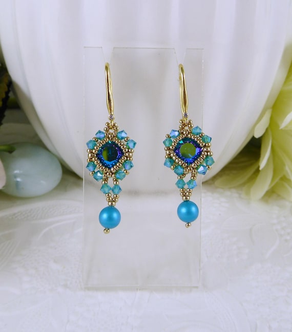 Earrings Swarovski Crystals Blue Zircon and Dark Turquoise