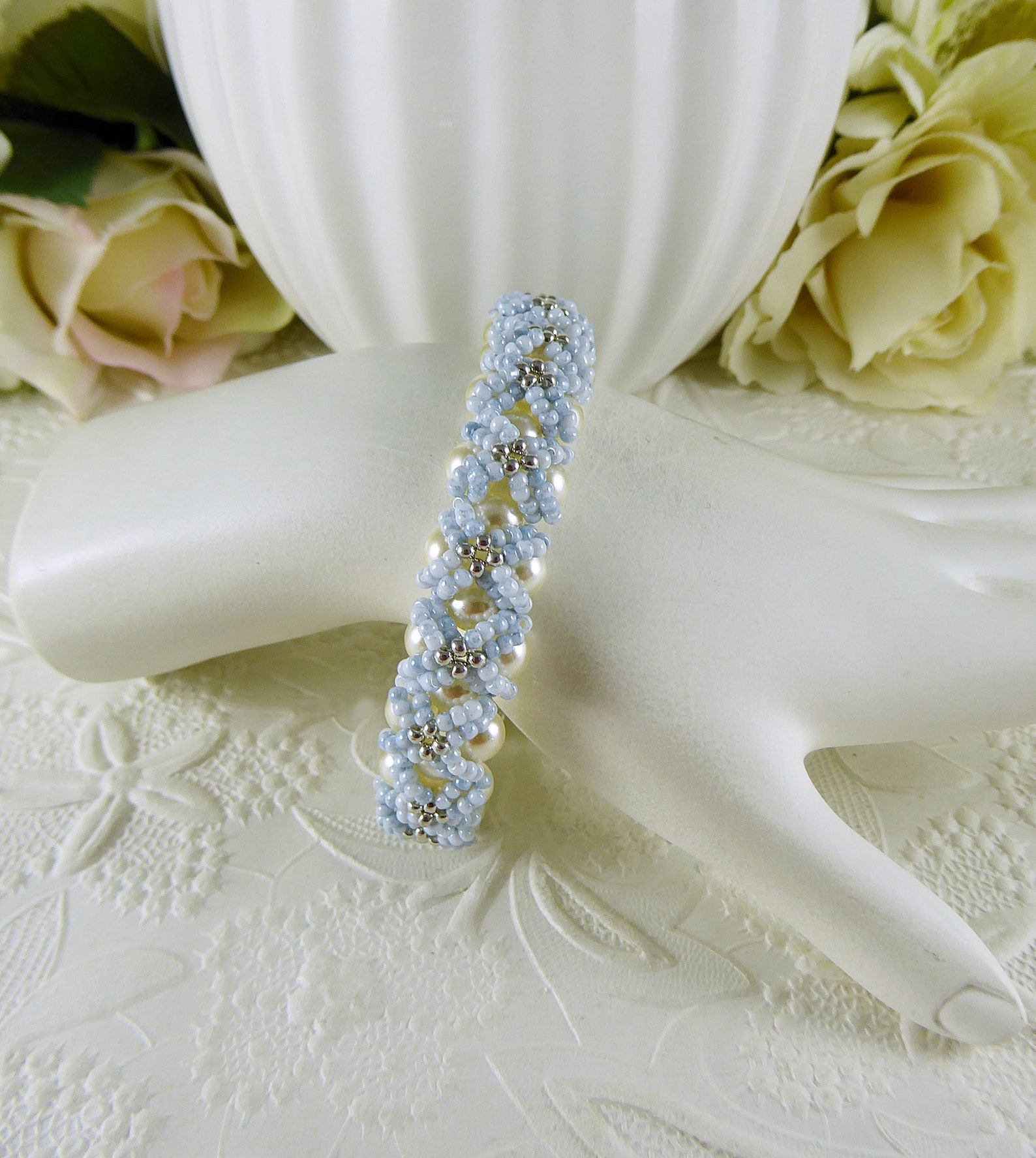 Woven Pearl Bracelet Embellished Light Blue Seed Beads Etsy