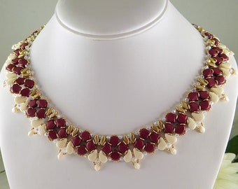 Necklace Red and Cream, Ginko Beads, Crystal Necklace