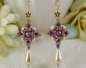 Woven Dangle Earrings in Purple, Pearl Drop