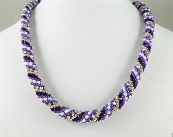 Spiral Rope Necklace Sparkling Purple Seed Beads with Silver Crystal