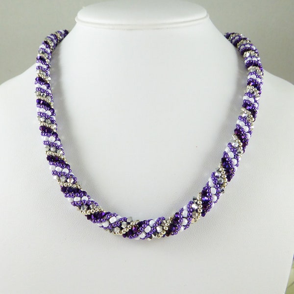 Spiral Rope Necklace Sparkling Purple Seed Beads with Silver Crystal