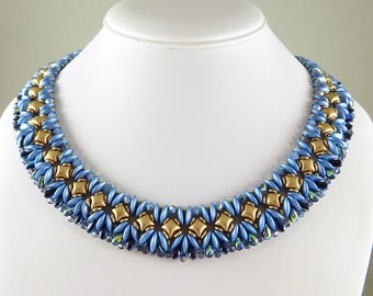 Woven Necklace and Earrings Blue and Gold, Collar Necklace Set