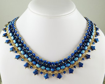 Necklace and Earrings Woven Crystal in Cobalt Blue and Gold