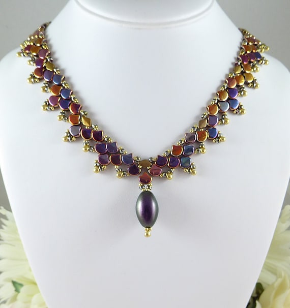 Woven Necklace Crystal Vitrail Ginko Beads, Purple Focal Bead Pendant