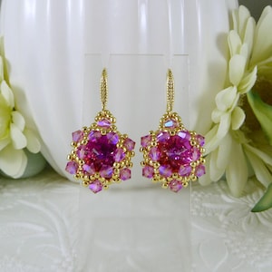 Earrings Crystal Bright Pink Medallion Style Gifts for Her, Swarovski Rose Shimmer