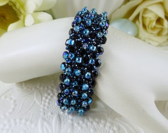 Woven Bracelet Black AB with Blue Bubbles, Drop Bead Bracelet in Jet