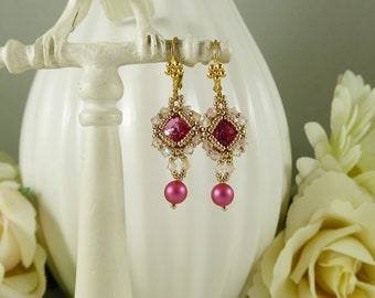 Woven Crystal Earrings Rose Pink Swarovski