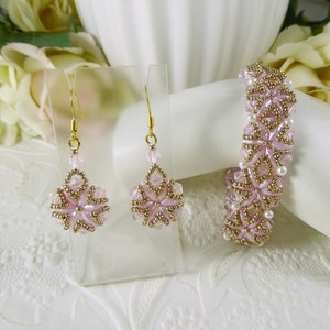 Woven Bracelet and Earrings Set in Light Pink Crystal Gifts for Her
