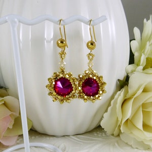 Earrings Fuchsia Crystal and Pearl Medallion Style Gifts for Her