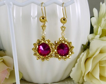 Earrings Fuchsia Crystal and Pearl Medallion Style Gifts for Her